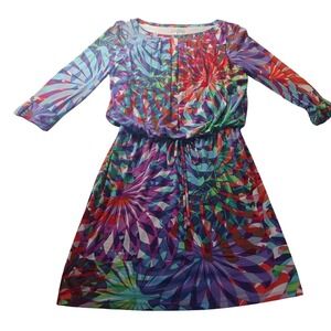 London Times Abstract Print Dress 10‎ Drawstring Waist Tab Sleeve Resort Vacay